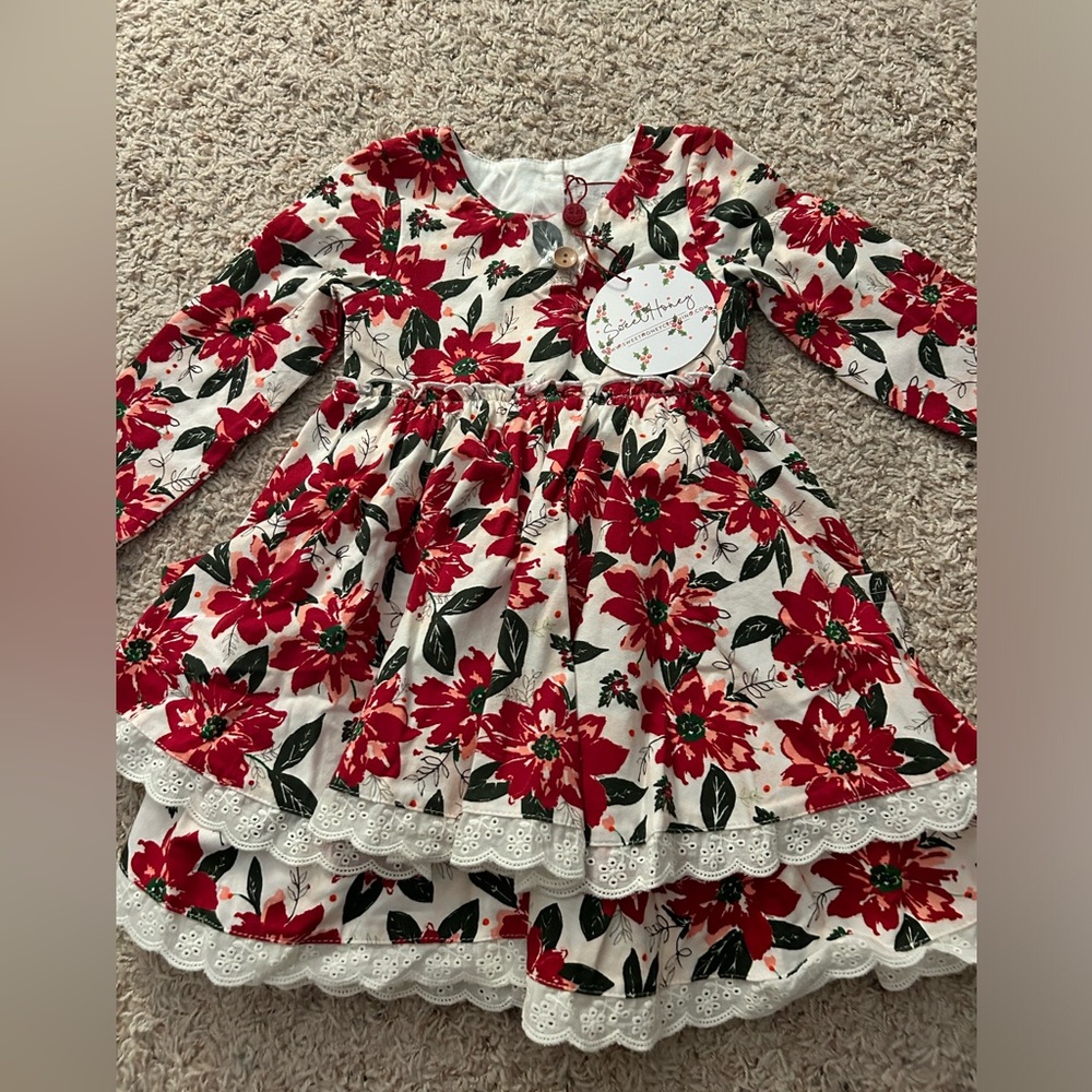 Sweet Honey Poinsettia Ruffle Christmas Dress 2T